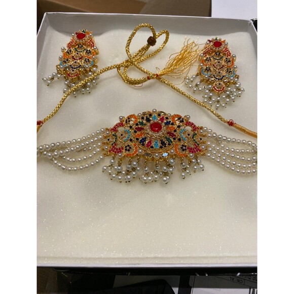 Nauratan Choker Jewelry Set Semi Precious stone Indian Pakistani Bridalwear NWT - Picture 9 of 12